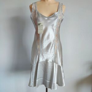 NWT Vintage Silk Slip Dress | Satin Lingerie Nightgown w/ Lace Panels- Gray